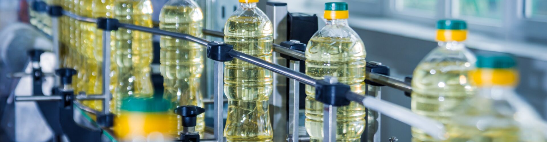 Bottling line of sunflower oil in bottles