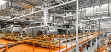 Automobile production line. Welding car body. Modern car assembly plant