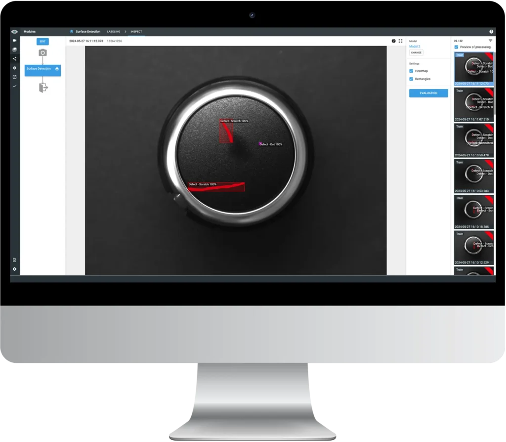 Surface inspection of a volume knob using deep learning software