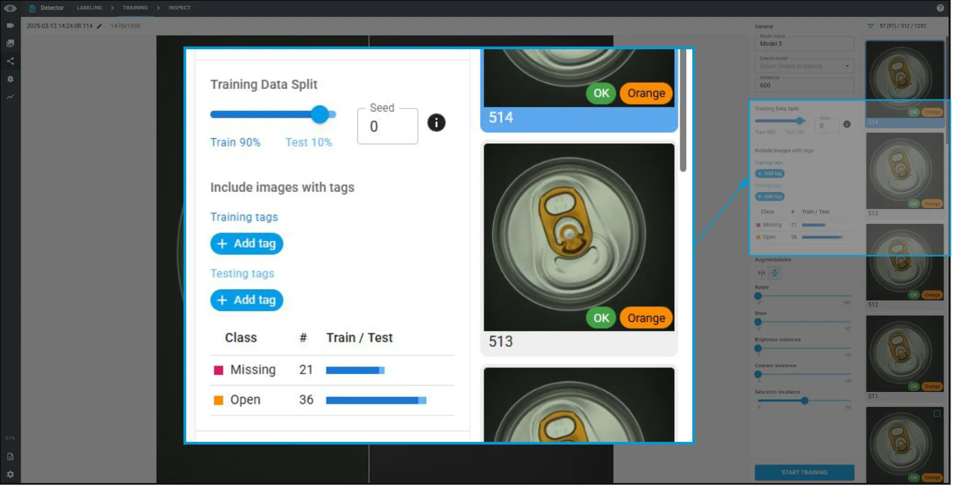 Selecting images for training and testing by tag - software screenshot