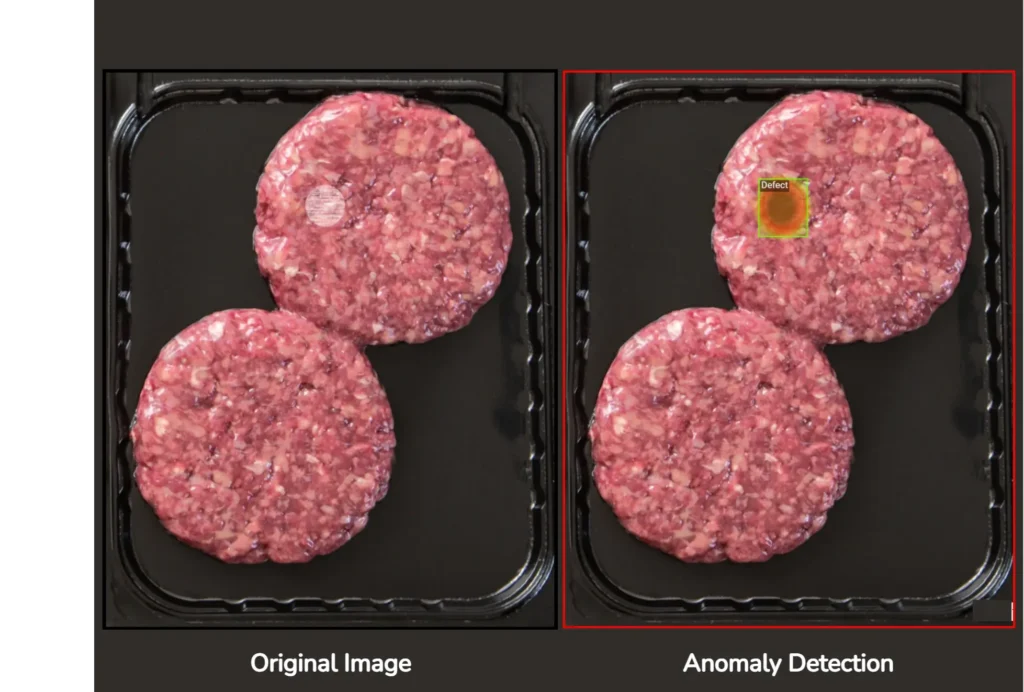 Hamburger packaging inspection with AI detecting contaminants