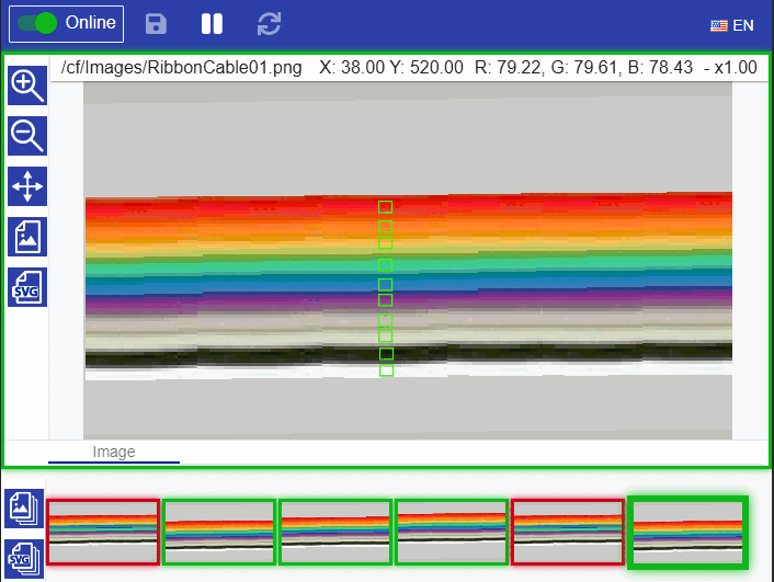 Cable color order inspection by rule-based machine vision software IMPCT